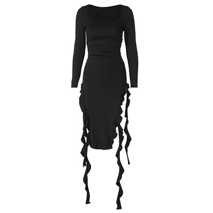 Women Clothing Spring Solid Color U Neck Long Sleeved Slim Fit Stringy Selvedge Dress