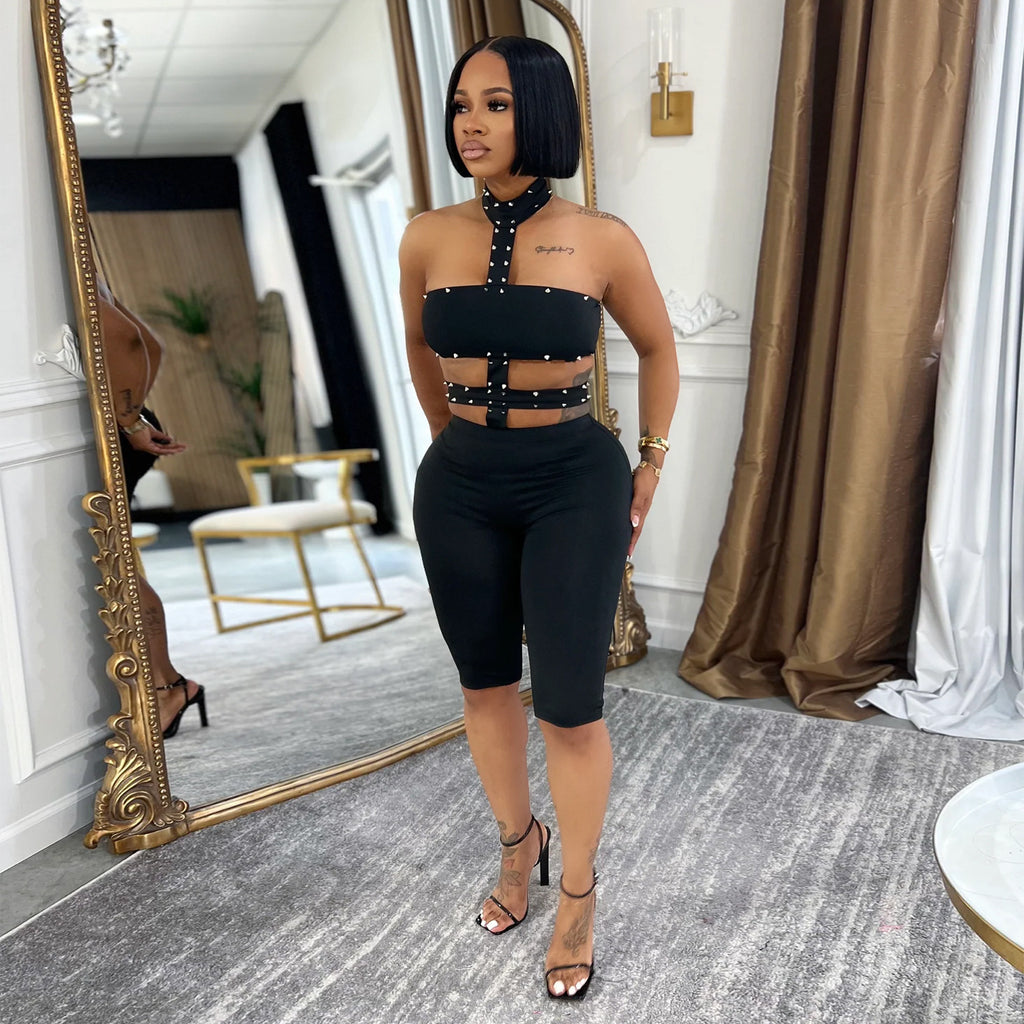 Women Wear Sexy off the Shoulder Bubble Beads Halter Solid Color Jumpsuit Miss Siss