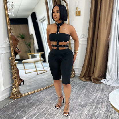 Women Wear Sexy off the Shoulder Bubble Beads Halter Solid Color Jumpsuit Miss Siss