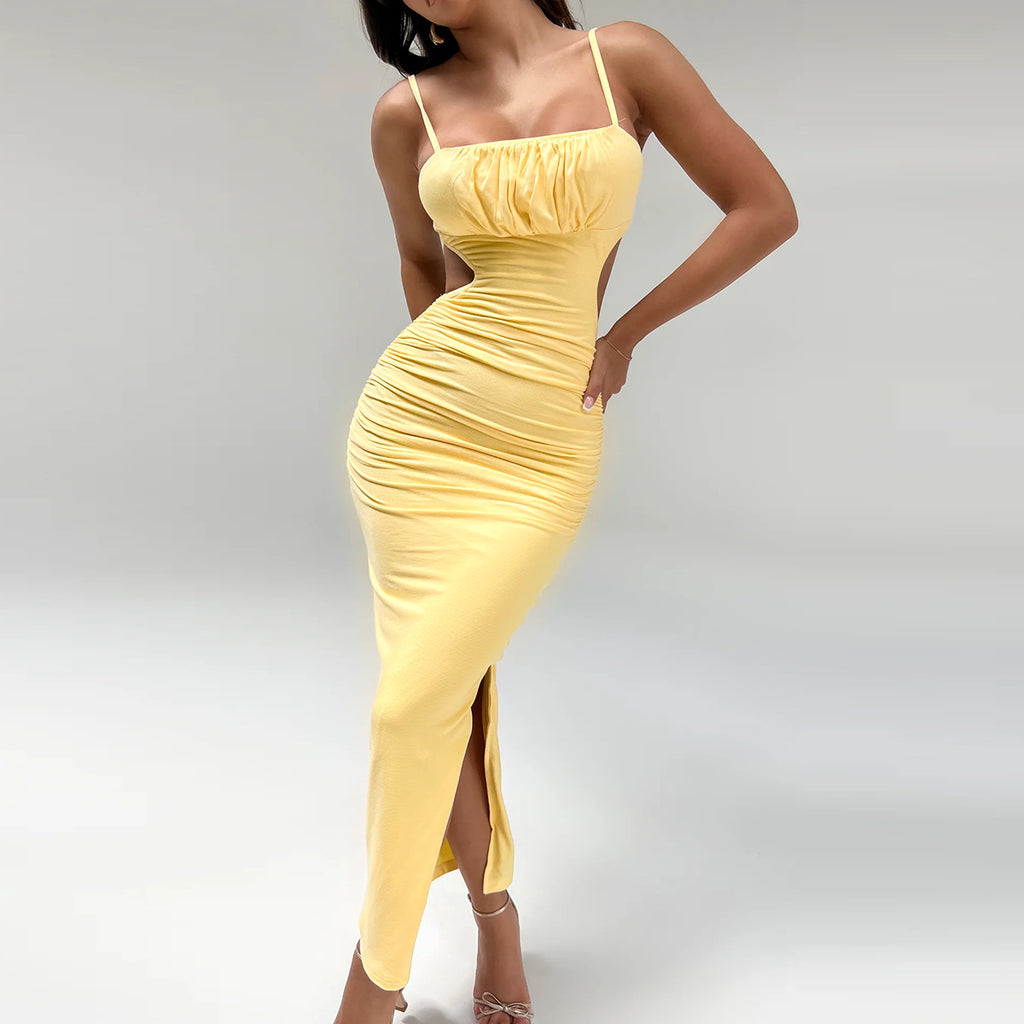Robe maxi sexy dos nu à volants et fente sur les hanches pour femme