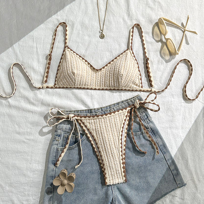 Texture Bikini Women Contrast Color Lace up Split Swimwear Swimsuit Bikini SanYuva