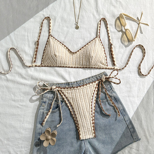 Texture Bikini Women Contrast Color Lace up Split Swimwear Swimsuit Bikini SanYuva