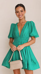 dress Sexy V neck Lantern Sleeve Waist-Tight Princess Dress Women Short Sleeve Dress DREAMCHIN