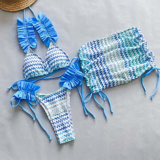 Conjunto de bikini de tres piezas con pliegues y abertura lateral para mujer