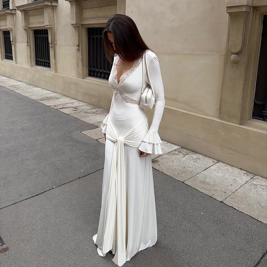 Robe longue élégante pour femme, coupe ajustée, style printanier, ornée de dentelle sexy.