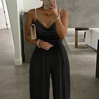 Pearl Suspender Wide Leg Sleeveless V-neck Backless Trousers Jumpsuit FLYSMART