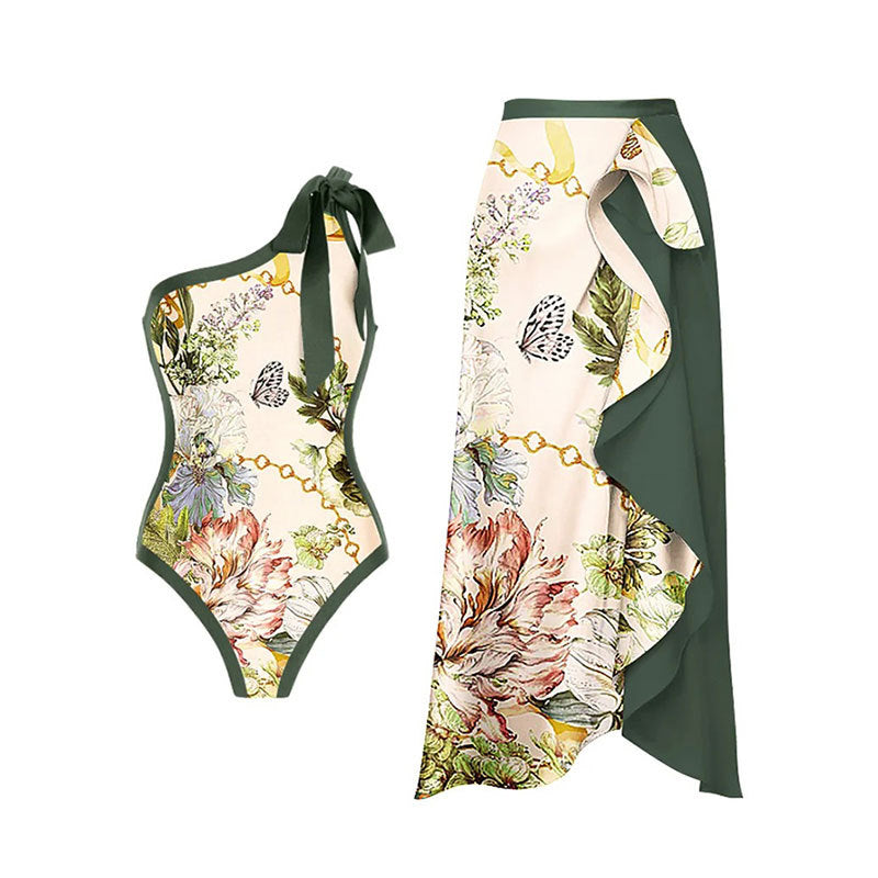 Traje de baño sexy retro de un solo hombro, bikini de gasa, conjunto de falda de playa