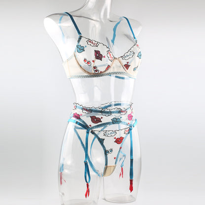 Sexy Cartoon Mesh Lip Enhancement Printed Garter Three Pieces Sexy Suit