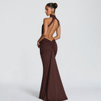Halter Pleated Slim Fit Maxi Dress High Neck Sexy Backless Cocktail Dress FDxojjc