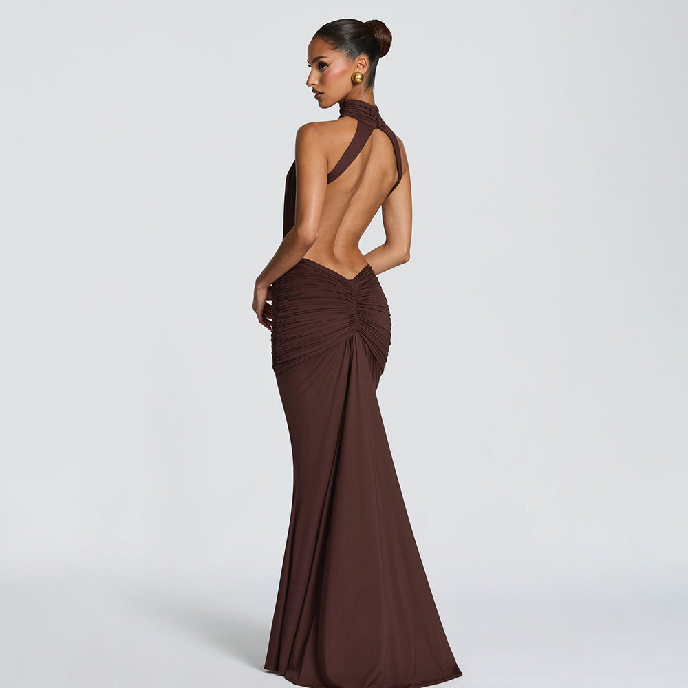 Halter Pleated Slim Fit Maxi Dress High Neck Sexy Backless Cocktail Dress FDxojjc