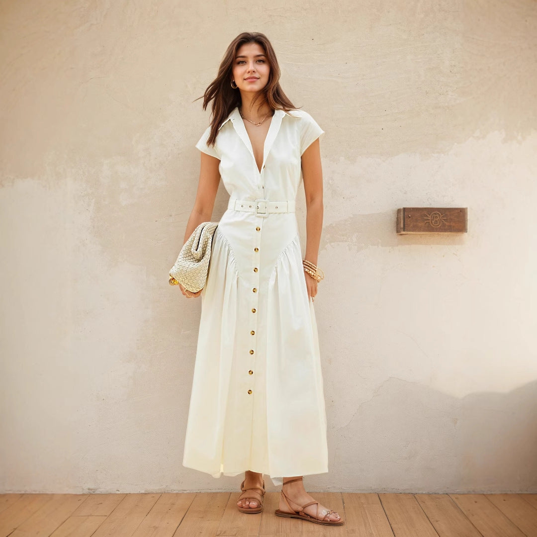 Popular Collared Dress Single Breasted Women Summer Slimming Slim Dress Simple Office Women Clothing Rogan