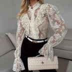 Women Commuting Wear Summer Lace Jacquard See through Puff Sleeve Wooden Ear Long Sleeve Zipper Shirt Cardigan Design Blouse FOREVEREIGHTEEN