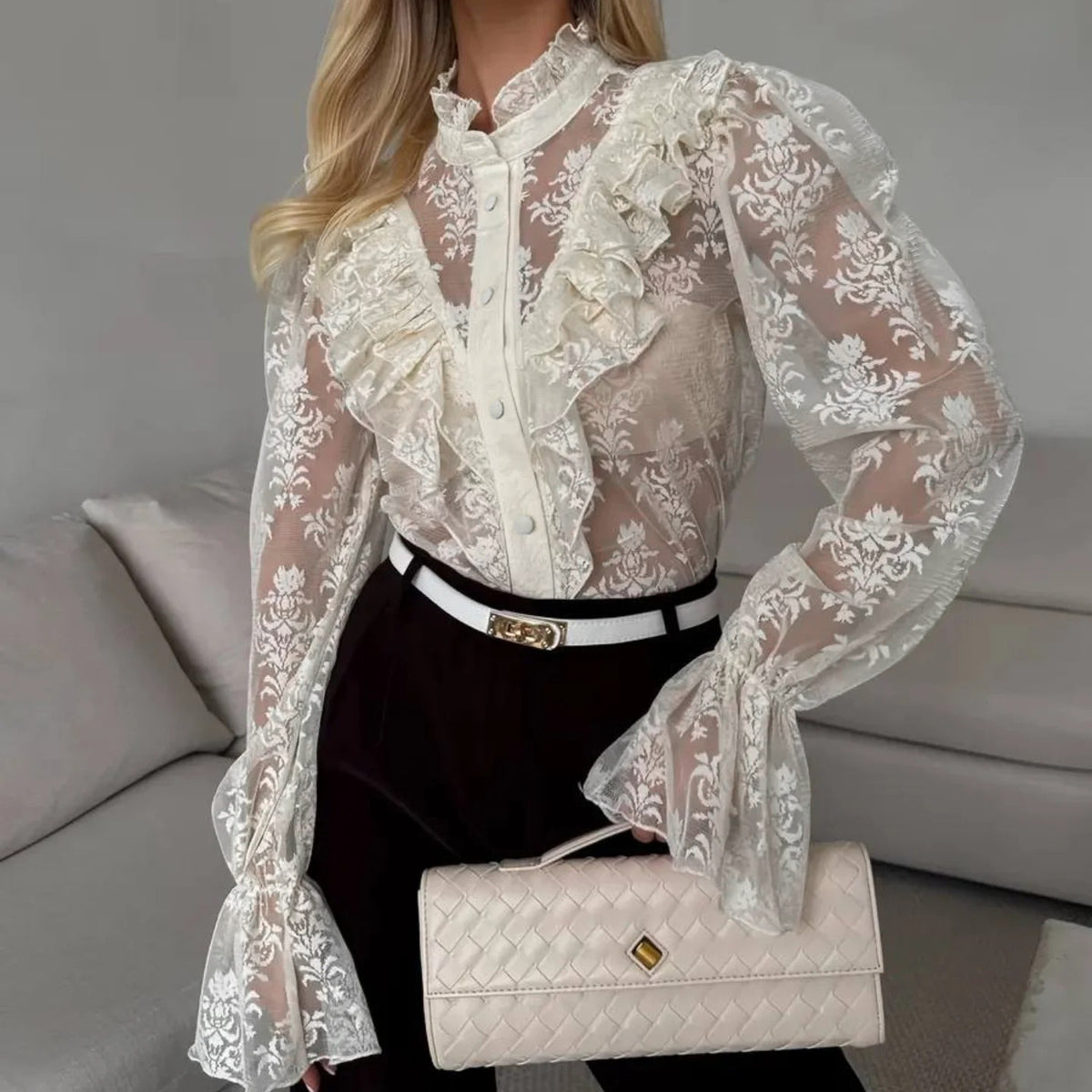 Women Commuting Wear Summer Lace Jacquard See through Puff Sleeve Wooden Ear Long Sleeve Zipper Shirt Cardigan Design Blouse FOREVEREIGHTEEN