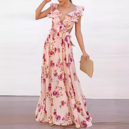 Arrival Women Floral Printing off the Shoulder Stitching Backless Summer Maxi Dress SSFSS