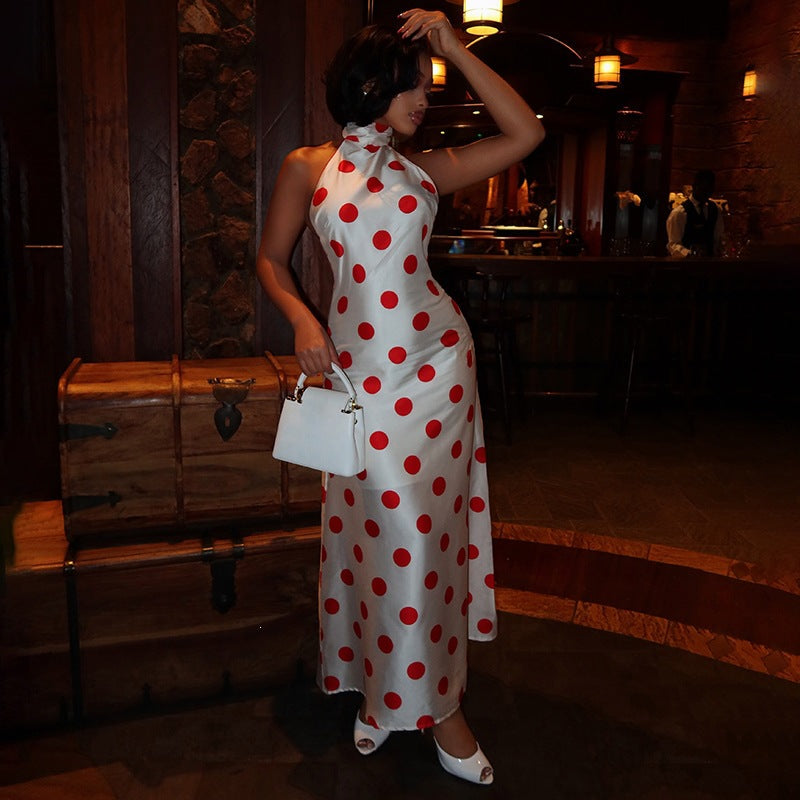 Women Clothing Sexy Backless Polka Dot Bow Hanging Collar Vacation Dress Dores