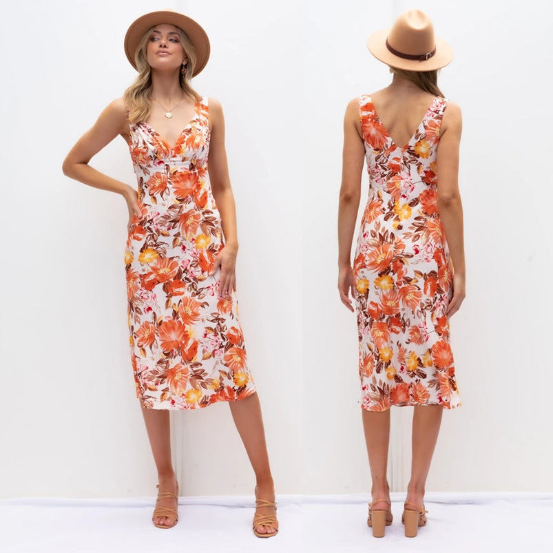 Spring Front Back V-neck Sleeveless Printed Slim-Fit Sexy Dress Women Clothing Floral Burst