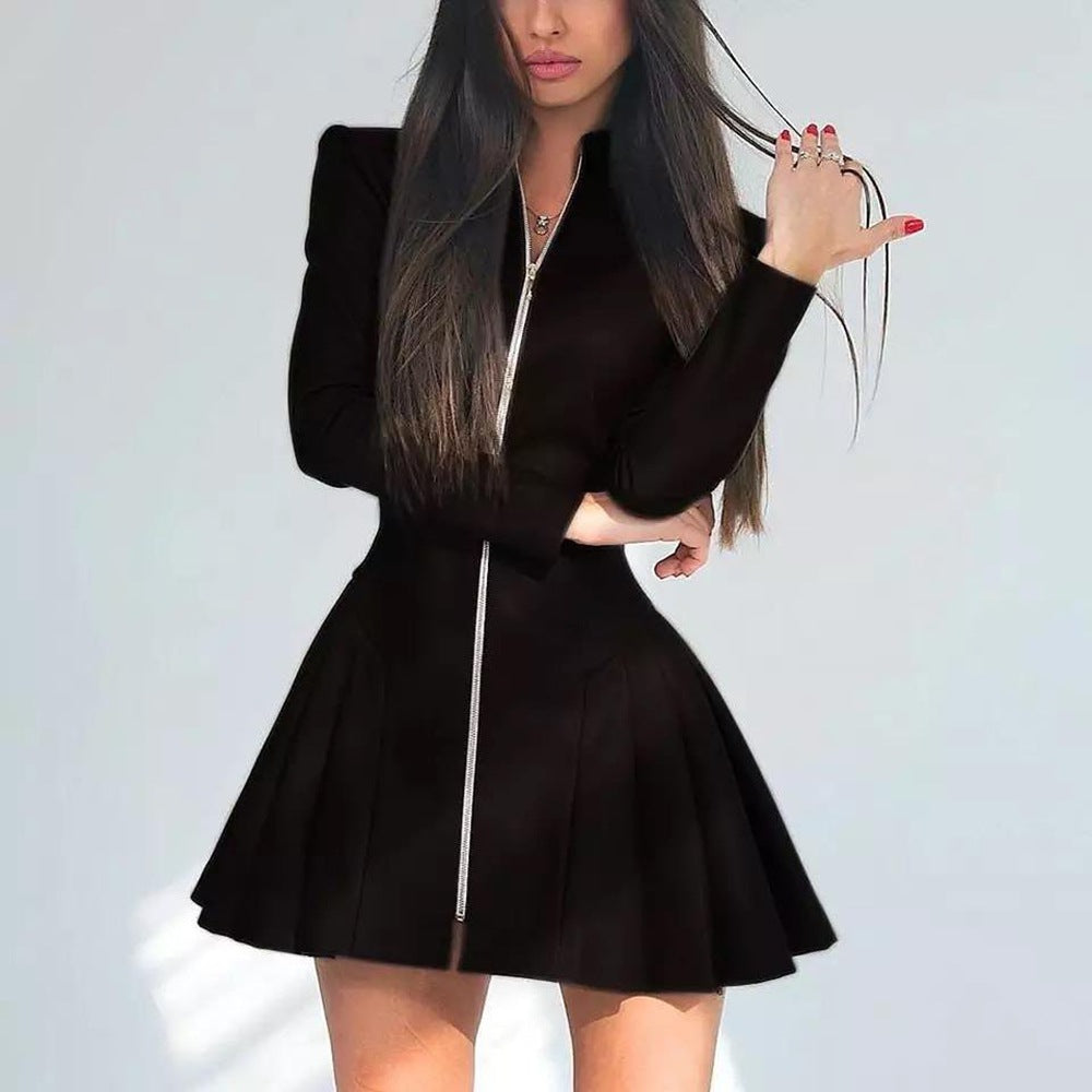 Robe ajustée à manches longues et plissée en similicuir pour femme, à la mode, avec fermeture éclair