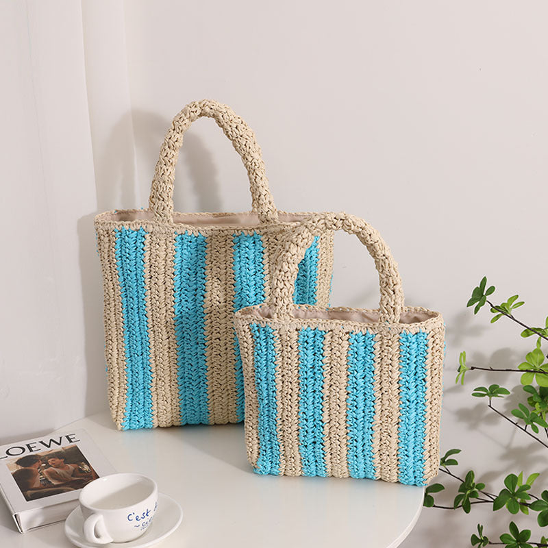 Vertical Stripes French Straw Bag Portable Contrast Color Straw Bag Woven Bag Women's Bag Seaside Vacation Beach Bag EaseWoven