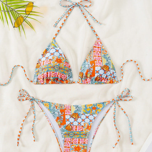 Bikini de copa triangular con estampado de encaje sexy traje de baño para mujer