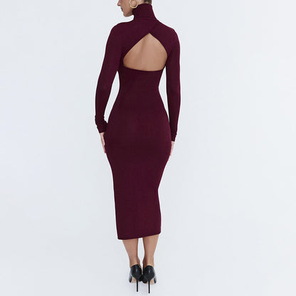 Women Sexy Slim Deep Cerise Hollow Out Cutout Split Mid Length Dress