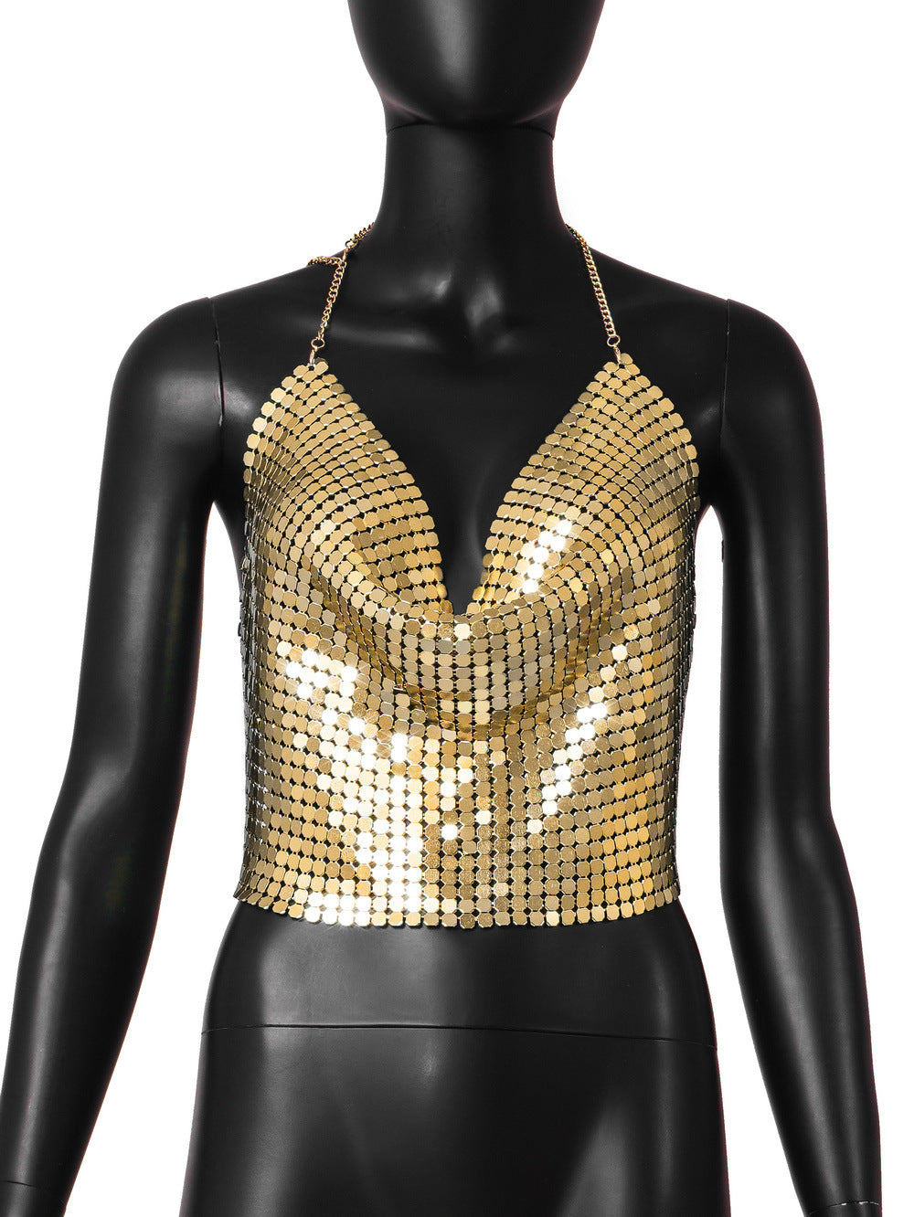 Women Clothing Low Cut Backless Metal Sequ Chain Strap Deep V Plunge Cropped Tank Top Women Hadid