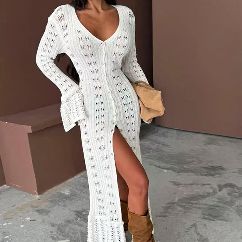 Cárdigan Largo de Punto de Color Liso con Mangas Acampanadas Caladas y Cuello en V para Mujer