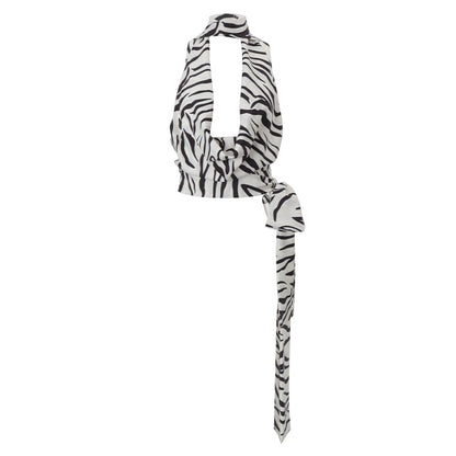 Women Clothing Summer Sexy Zebra Pattern Swing Collar Hollow Out Cutout out Short Vest Top