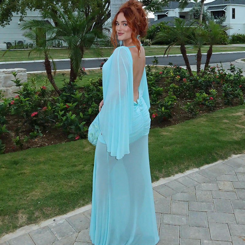 Summer Sexy See through Backless Solid Color Ribbon Dress Cecil