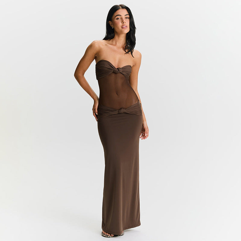 Women Clothing Detachable Shoulder Strap Twist Mesh Slim Fit Dress COORAL