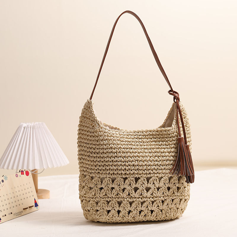 Bolso de paja con recortes, bolso de paja con borlas, bolso tejido, bolso de playa para vacaciones en la playa, bolso de hombro informal 