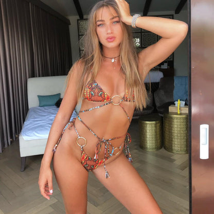 Sexy Metal Three Ring Bikini Solid Color Printing Strap Split Swimsuit for Women