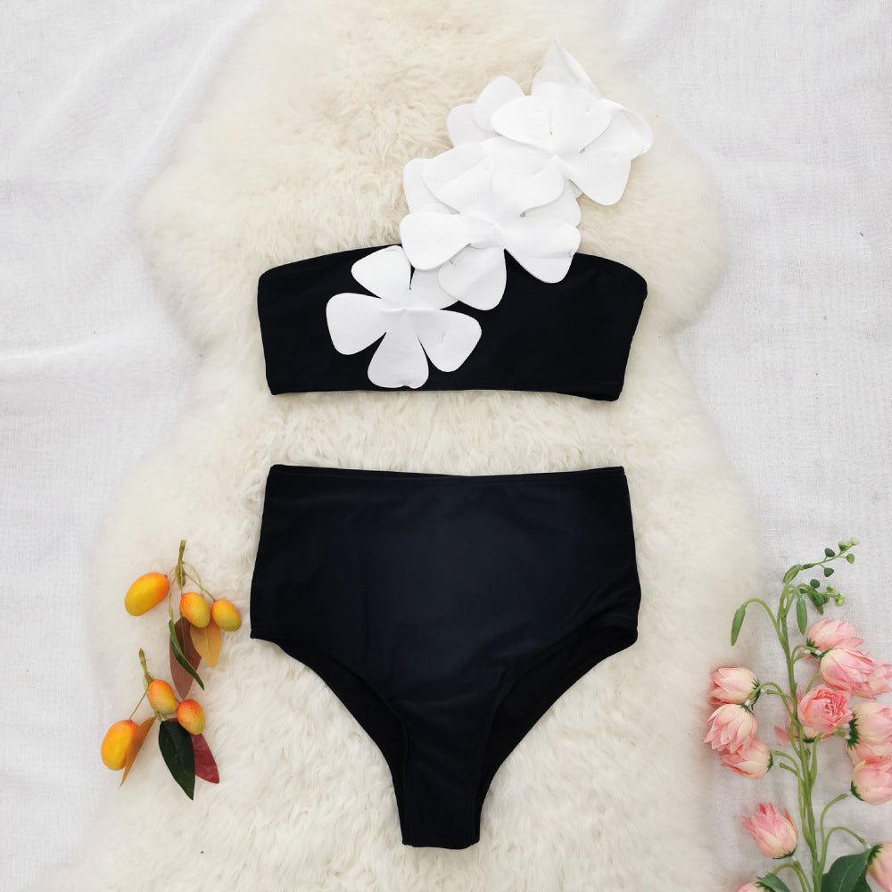 Traje de baño dividido para mujer, color sólido, un hombro, gran floral, top de tubo, bikini de cintura alta