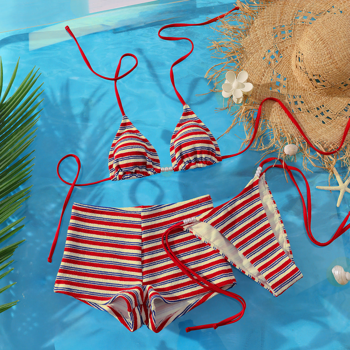 Traje de Baño de Mujer de Tres Piezas Dividido con Rayas Sexy, Tipo Bikini