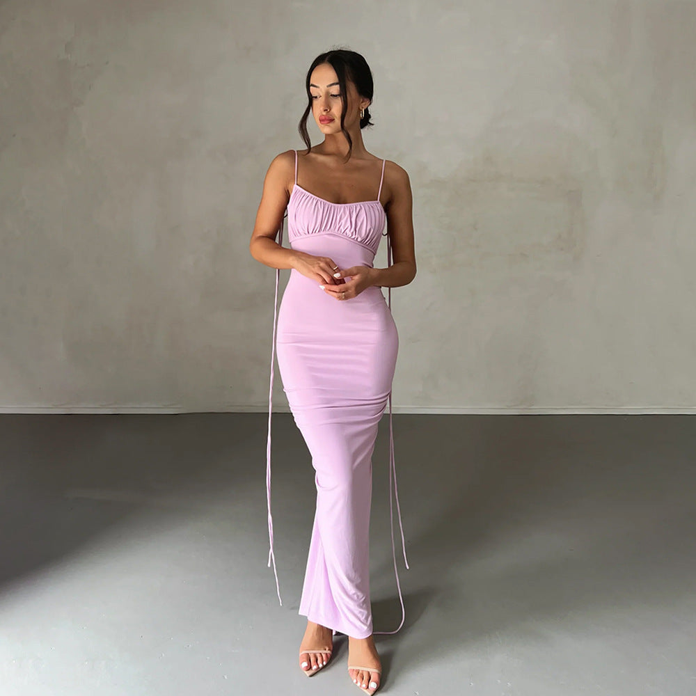 Vestido sexy para mujer, vestido plisado sin espalda, vestido de noche sin mangas con tirantes para mujer
