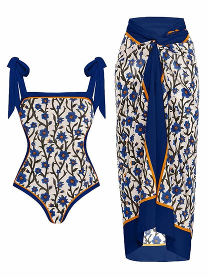 Traje de baño de una pieza de dos piezas con estampado personalizado y falda de cadera conservadora.