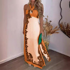 Women Clothing Summer Halter Sexy Color Block Vacation Beach Long Printed Dress SCC