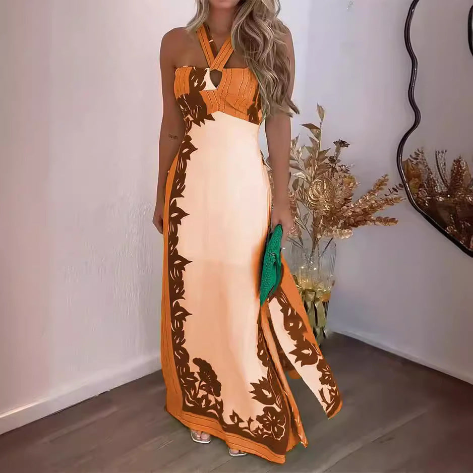 Women Clothing Summer Halter Sexy Color Block Vacation Beach Long Printed Dress SCC
