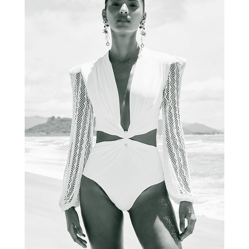One Piece Swimsuit Women Sexy Lace Long Sleeved Printed Swimsuit Solid Color Swimsuit