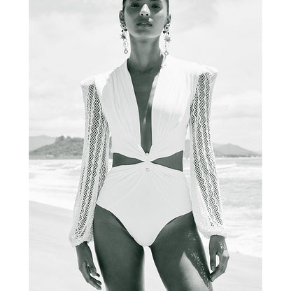One Piece Swimsuit Women Sexy Lace Long Sleeved Printed Swimsuit Solid Color Swimsuit