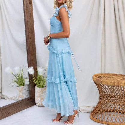 Summer Women Clothing Solid Color Elegant Graceful Ruffled Dress