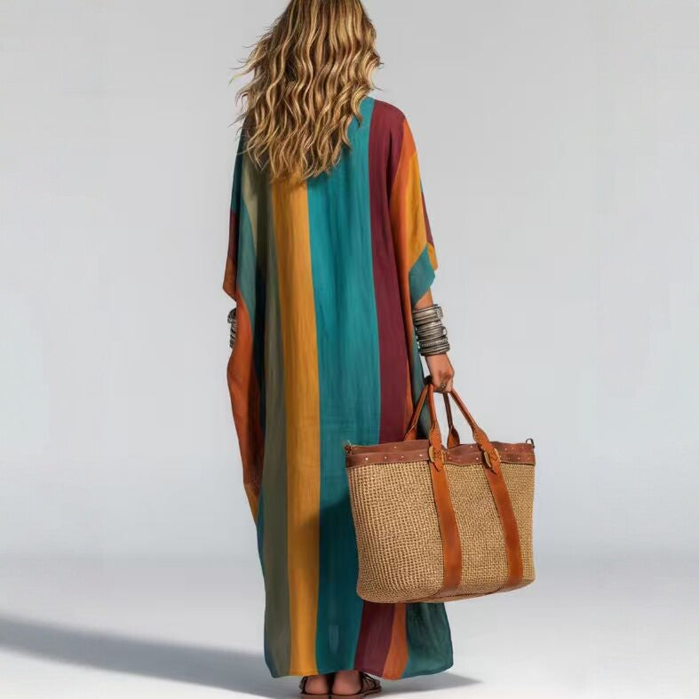 Bohemian Contrast Color Vertical Stripes Autumn Fragrance Hemp Women Loose Fitting V neck Holiday Dress Gemi