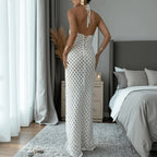 Solid Color Design Hollow Out Cutout out Knitted Dress Sleeveless Backless Lace up Beach Vacation Long Sheath Dress for Women Tidee