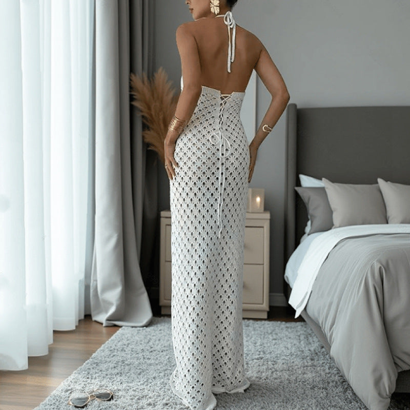 Solid Color Design Hollow Out Cutout out Knitted Dress Sleeveless Backless Lace up Beach Vacation Long Sheath Dress for Women Tidee
