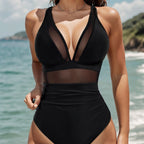 Bikini de malla de color sólido sin espalda, bikini sexy de una pieza, traje de baño