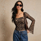 Women Clothing Square Collar Leopard Print Mesh Long Sleeved T shirt Women Bell Sleeve Waist Tight Slim Fit Top Yiskiss
