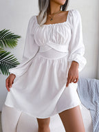 Spring Summer Casual Solid Color Selvedge Square Neck Cinched Large Swing Dress Women Clothing BAGIISA