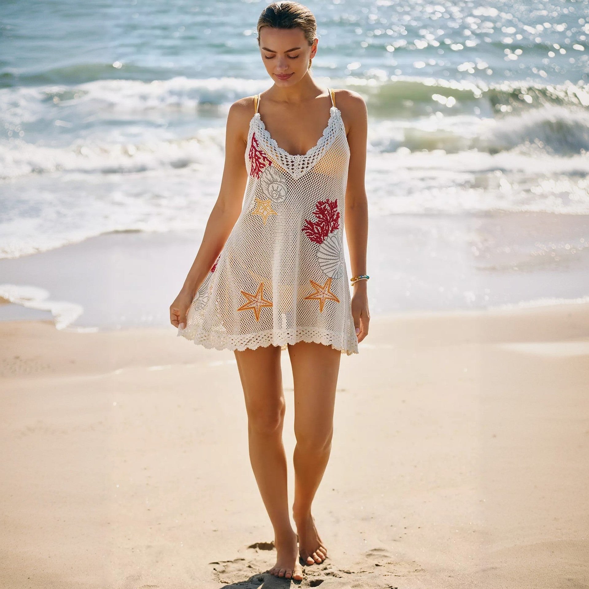 Sexy Knitted Embroidered Hollow Out Cutout out Beach Cover up Bikini Swimsuit Beach for Women Mangar