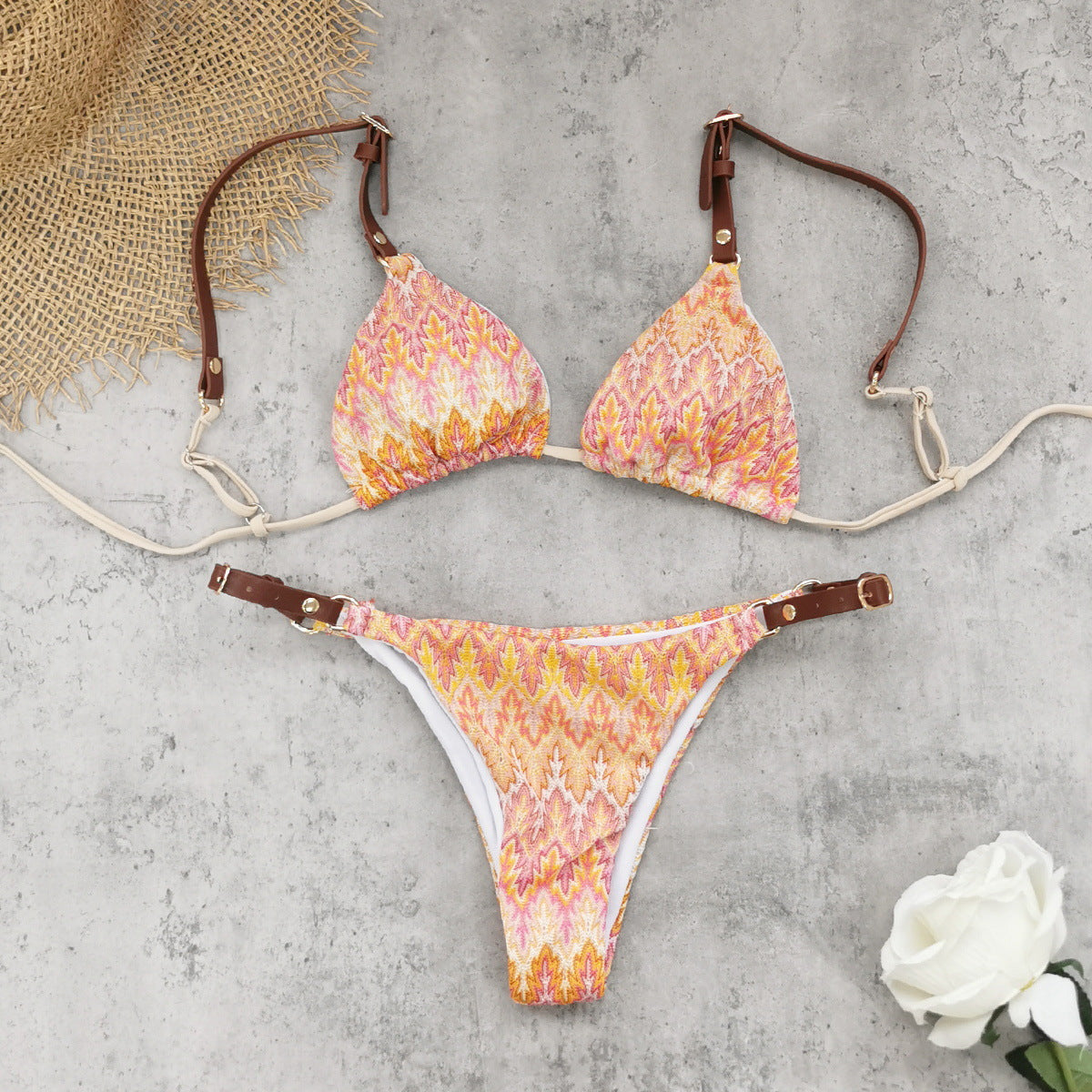 Adjustable Shoulder Strap Low Waist Briefs Bikini Sexy Stripes Printed Split Swimsuit Women Thunder
