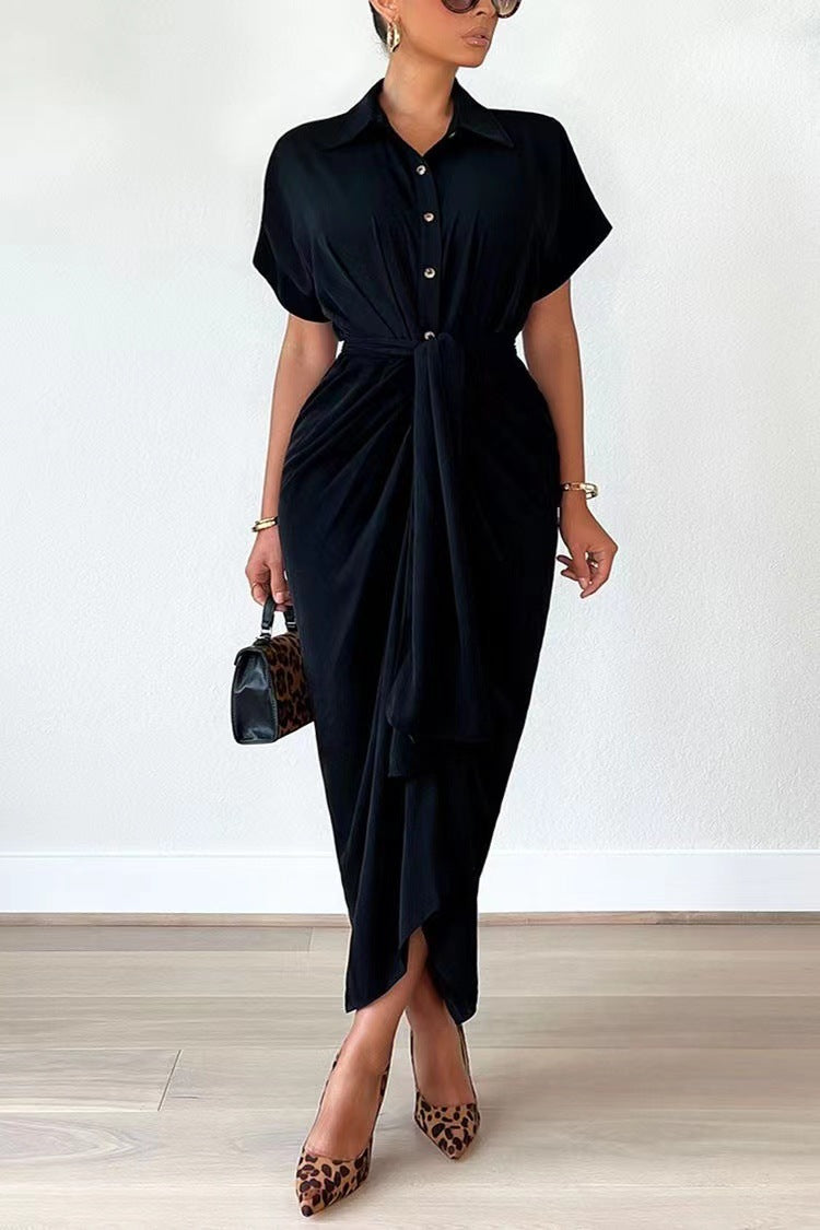 Women Clothing Dress Arrival Collared Elegant Mid Length Short Sleeve Single Breasted High Waist Shirt Dress Hennessy