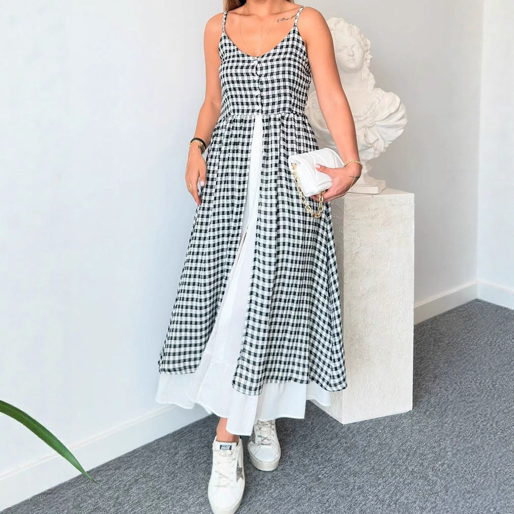 Women V neck Brace Casual Printing Plaid Split Faux Two Pieces Dress PLAYA